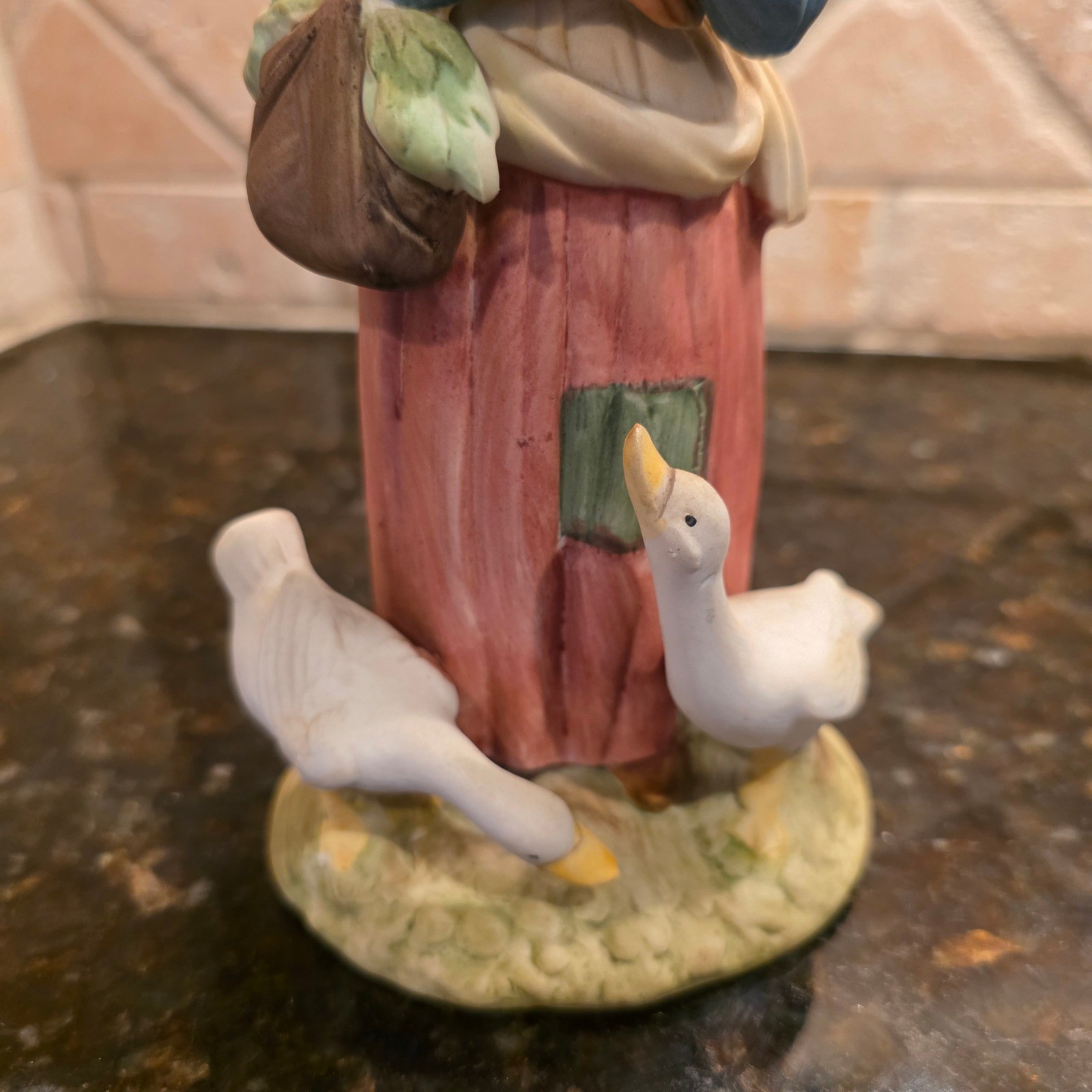 Vintage Lefton Porcelain Figurine Peasant Woman with Geese Farmhouse Decor Matte