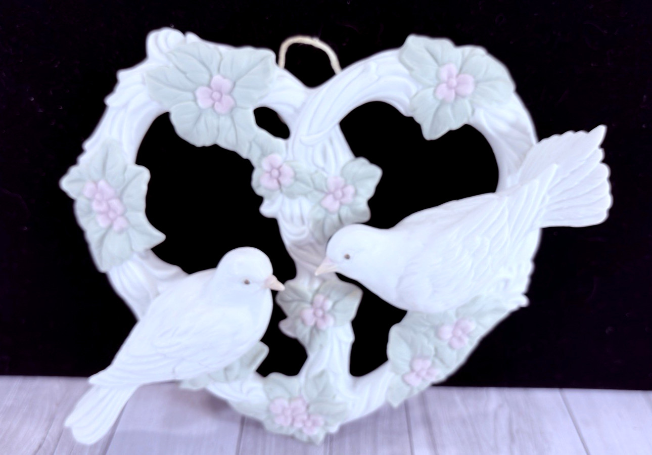 Vintage 80s Hallmark Ceramic Floral Heart Wreath Doves Wall Hanging Japan