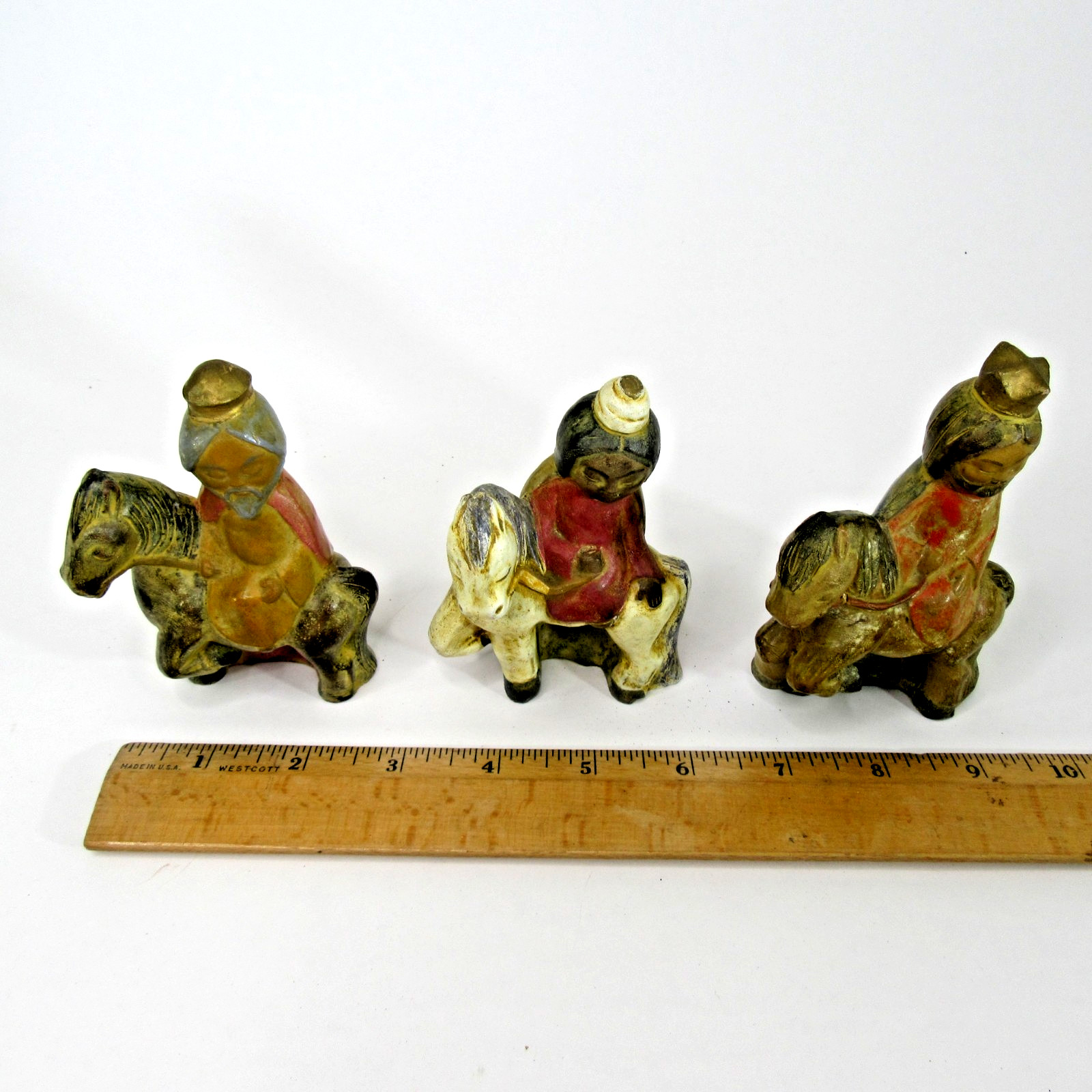 vtg handmade Rogerio Spain Three Wise Men figures Xmas pottery clay 4″ nativity
