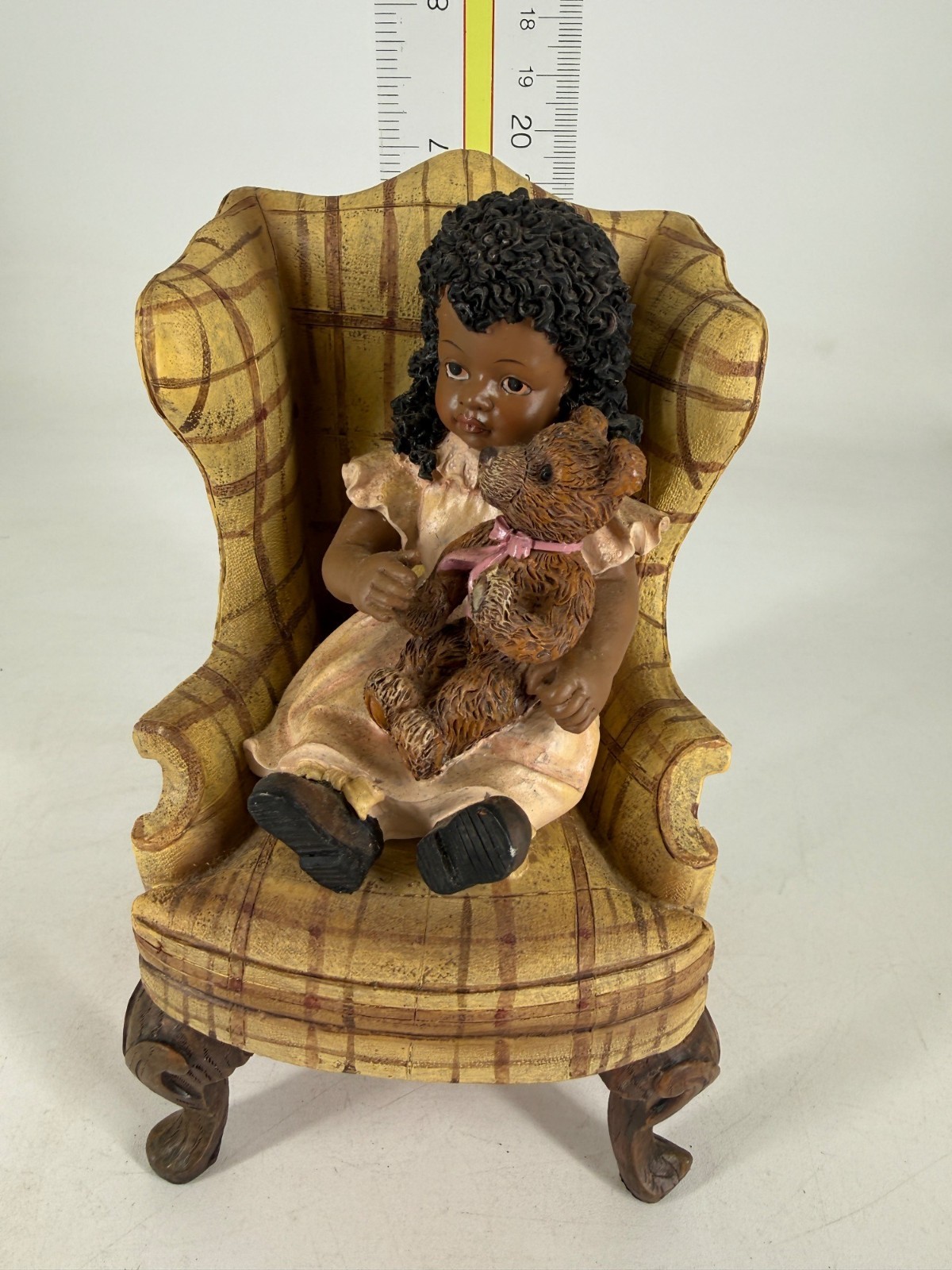 Vintage African American Girl Figurine With Teddy Bear On Plaid Chair