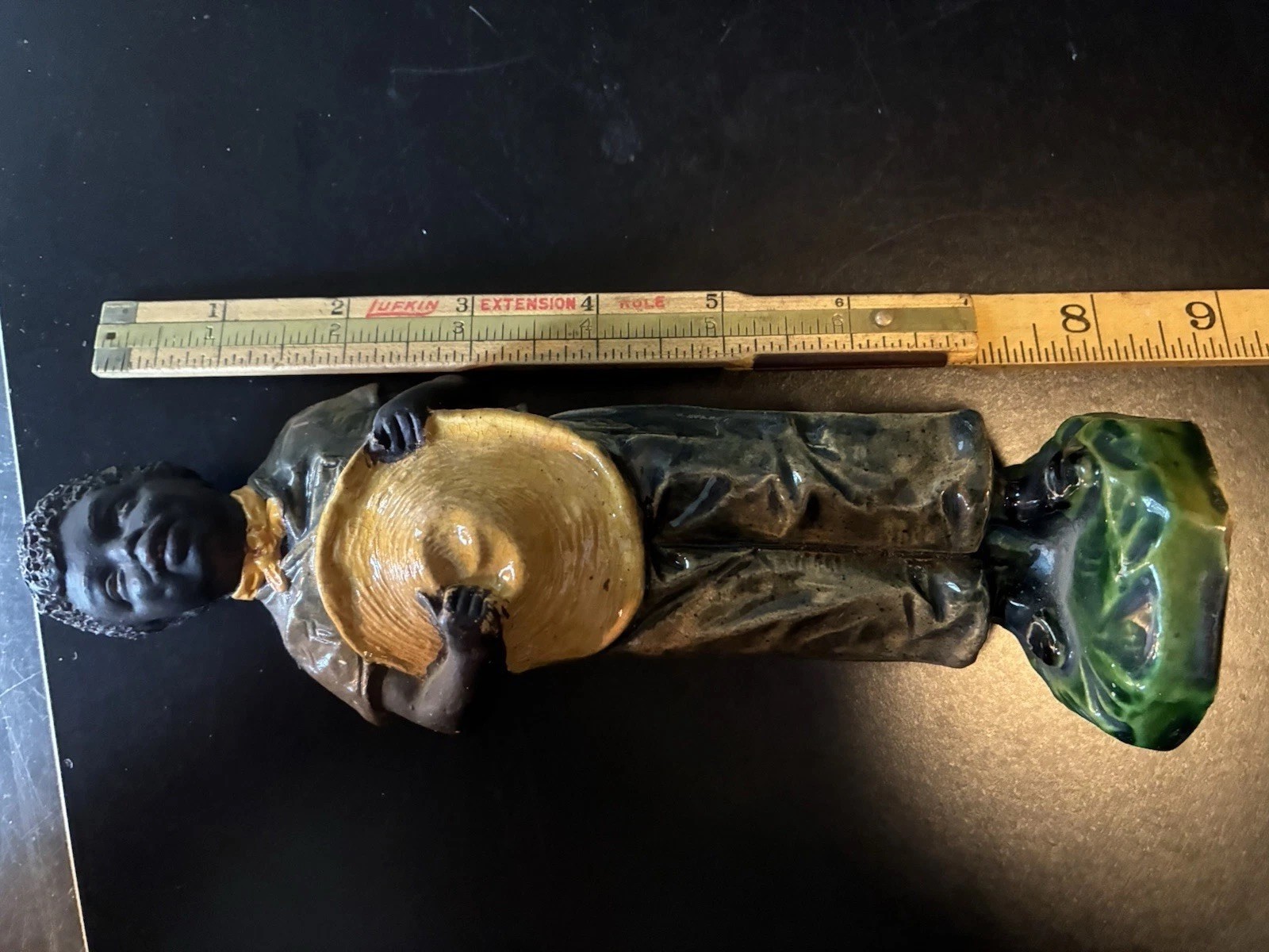 Americana 1870’s Staff Figure Black Boy w/ Hat Glazed Clay Statue Marked 1257
