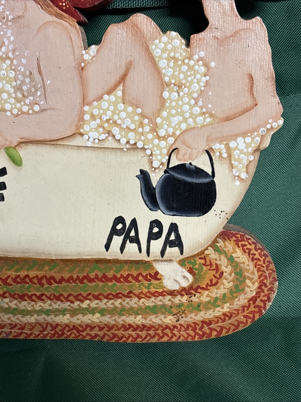 Unique Vintage Folk Art “Bath Time” Handmade Tole Painted Wall Hanger 11″x10″