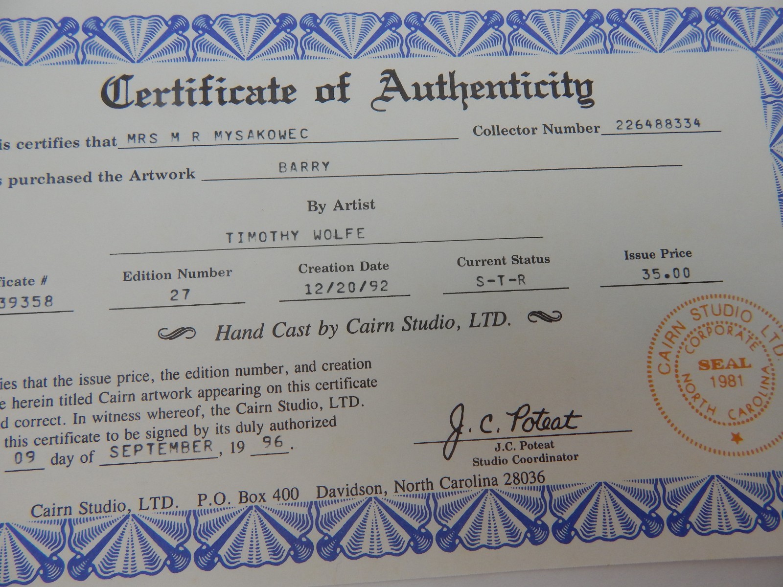 Barry by Timothy Wolfe Signed The Cairn Studio Edt#27 1992 w/COA Baseball (97