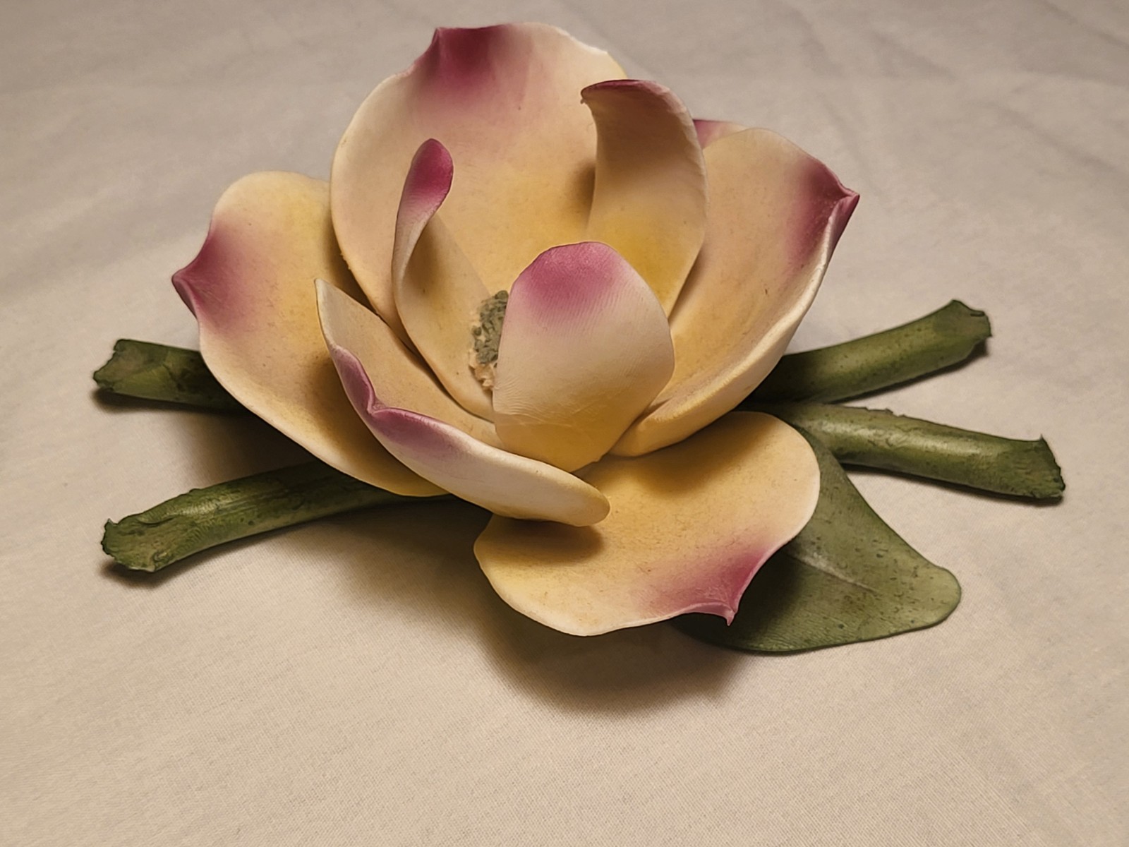 Hand Painted Ceramic Flower Figurine Cream Pink Green Matte Finish Unboxed