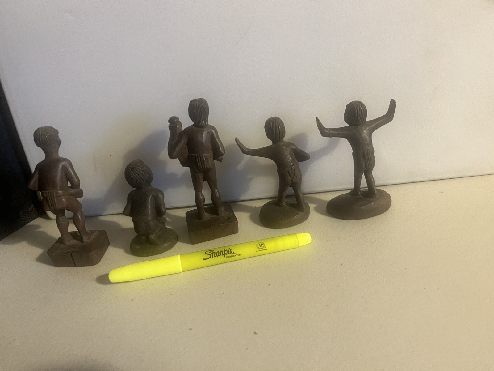 Vintage Tribal Wooden Hand Carved Men Drum Lot of 5 Figurines Statues 4″ Ethnic