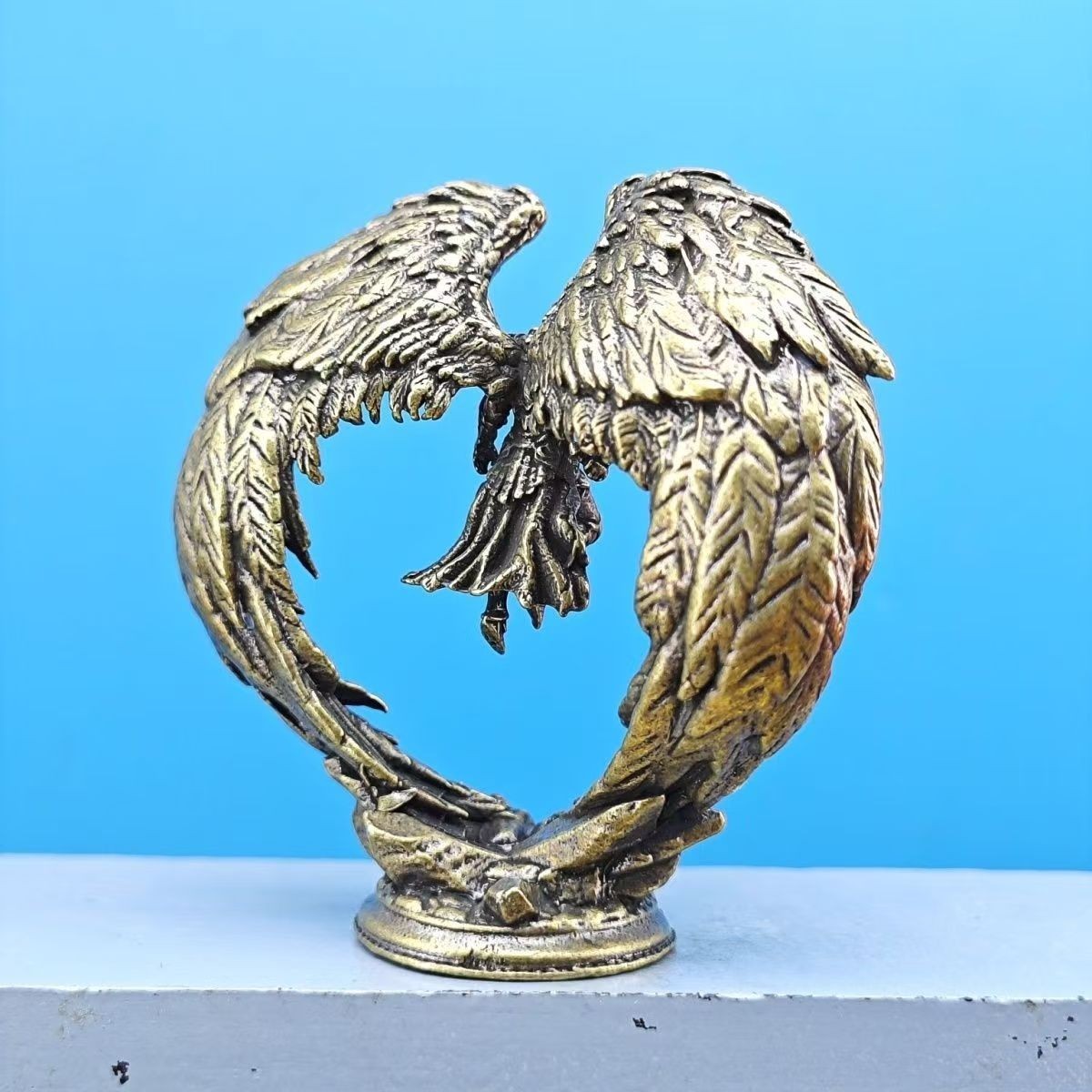 Mini Brass Winged Angel Warrior Figurine Metal Fantasy Desk Collectible