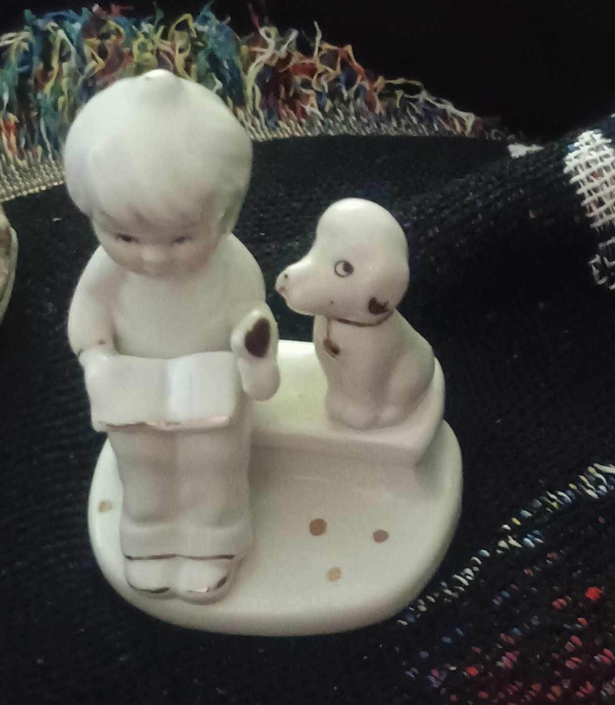 Set of 2 White Ceramic Hand Painted Glazed Boy Reading Book w/ Dog China