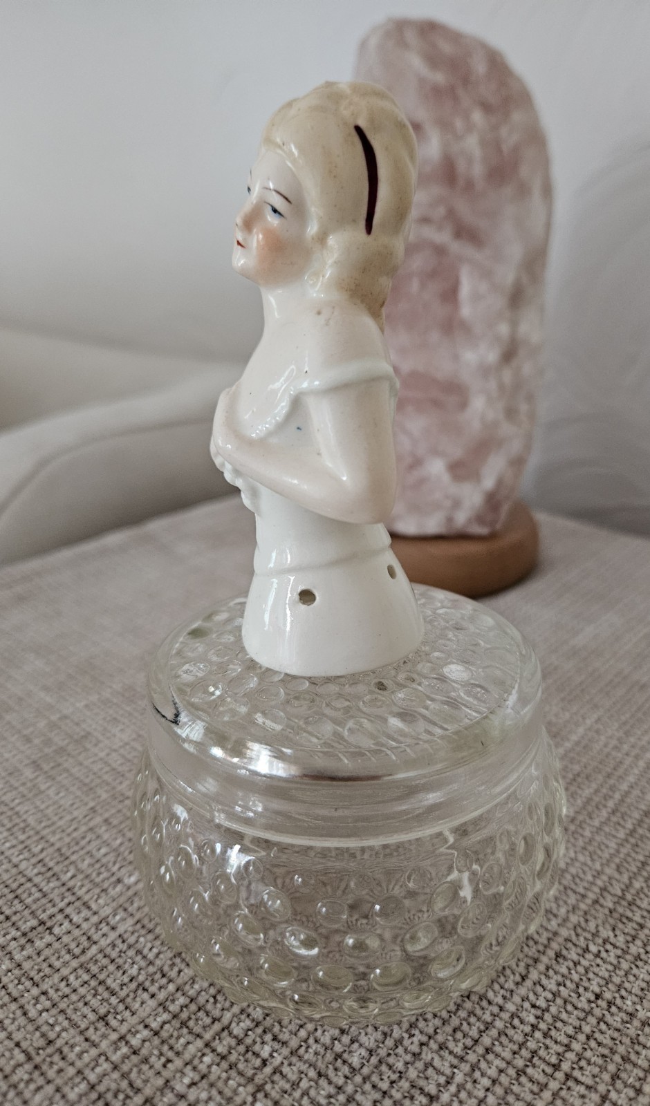Antique German Porcelain Half Doll on Lidded Glas Jar, ca. 6.5 in
