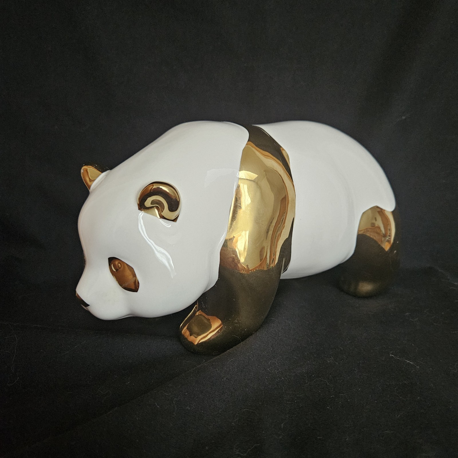 Porcelain Panda Figurine ~ Gold And White ~ 5″ x 8.5″