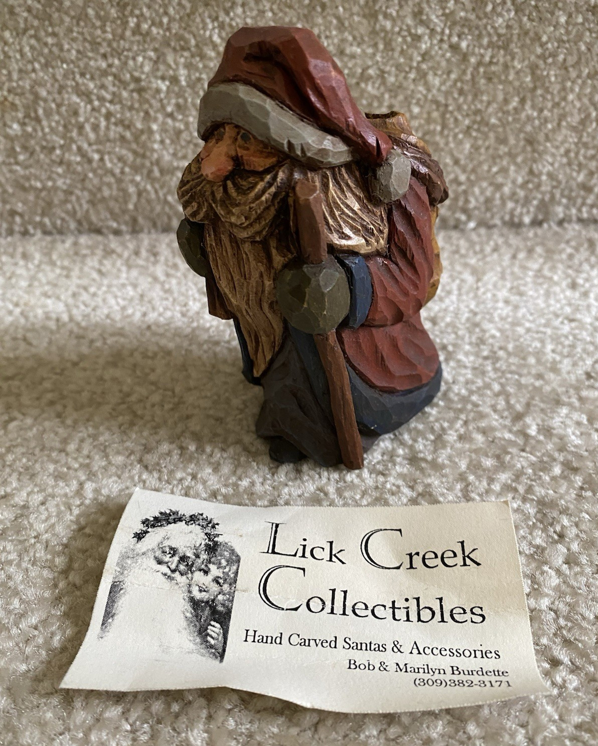 Vtg Folk Art Wood Carved Painted Santa with Cane & Toy Bag 4″ FREE SHIP