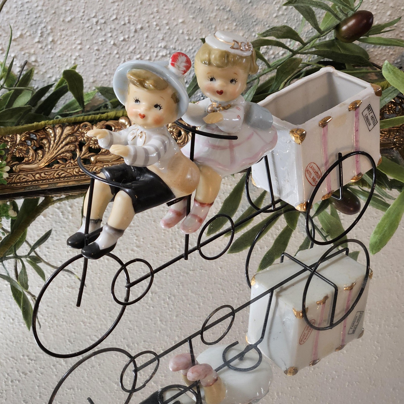 Unmarked Children On Bicycle Porcelain Metal Figurine White Hand Painted Medium