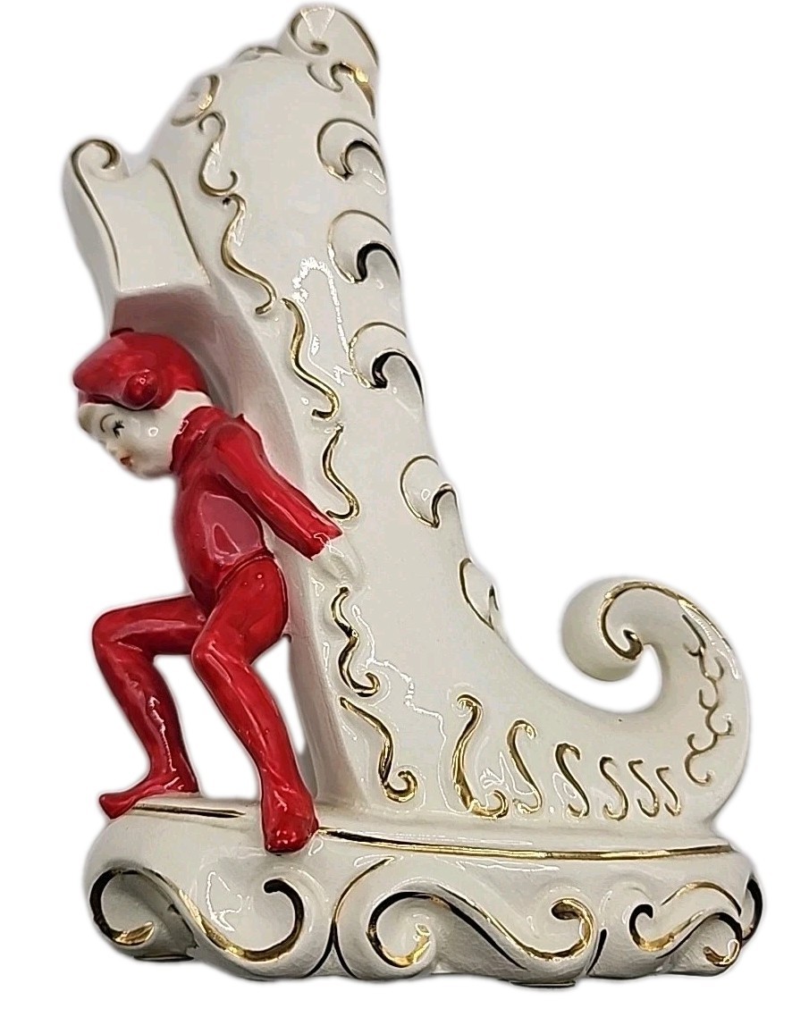 Lipper & Mann Porcelain Pixie Elf Slipper Vase Planter Gold Trim Japan Christmas