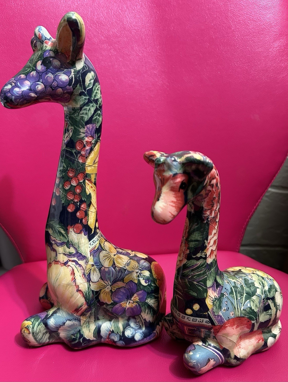 Vtg Patchwork Giraffes Mother & Baby Statue, Fruits & Floral Print, Cottagecore