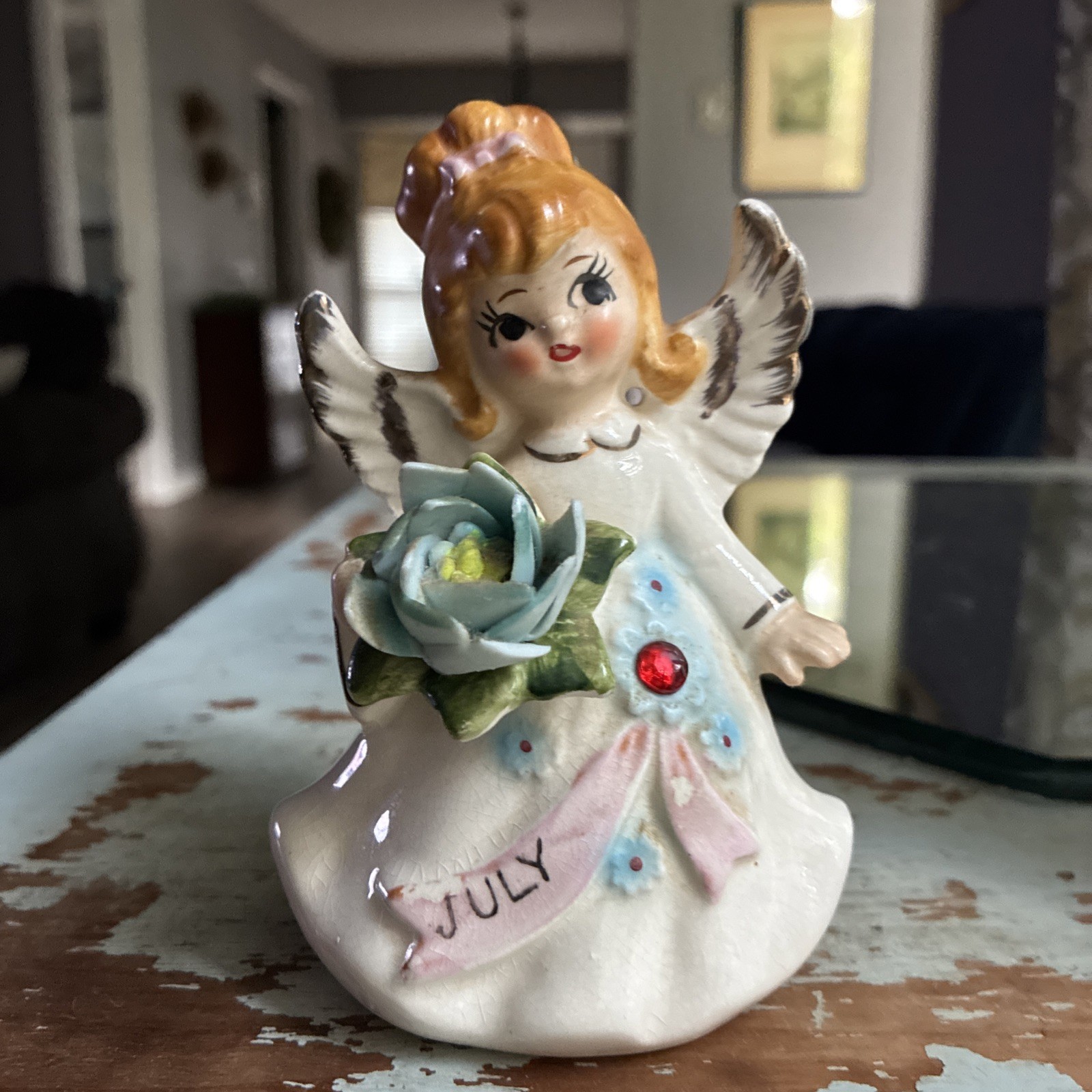 Vtg Lefton July Birthday Angel 6224 Flower Red Jewel Porcelain Figure Some Chips