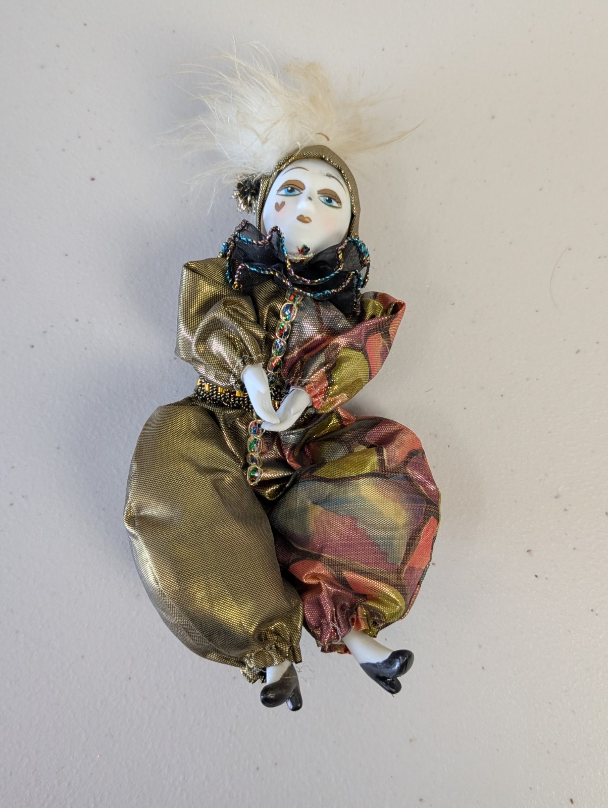Vintage Porcelain Harlequin Clown Doll Gold Metallic Jester Heart on Cheek 8″
