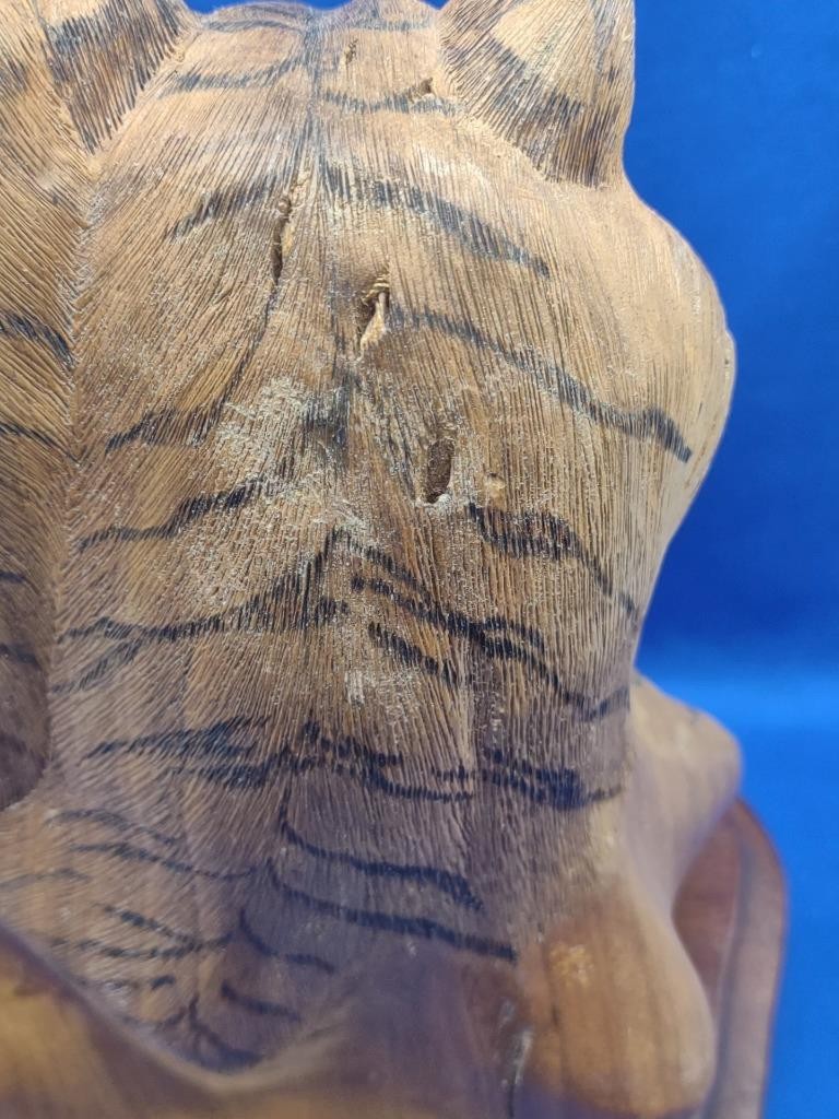 Vtg Wood Carving Bust Pair of Tigers Hardwood on Base 10″ Big Cats Jungle 2003