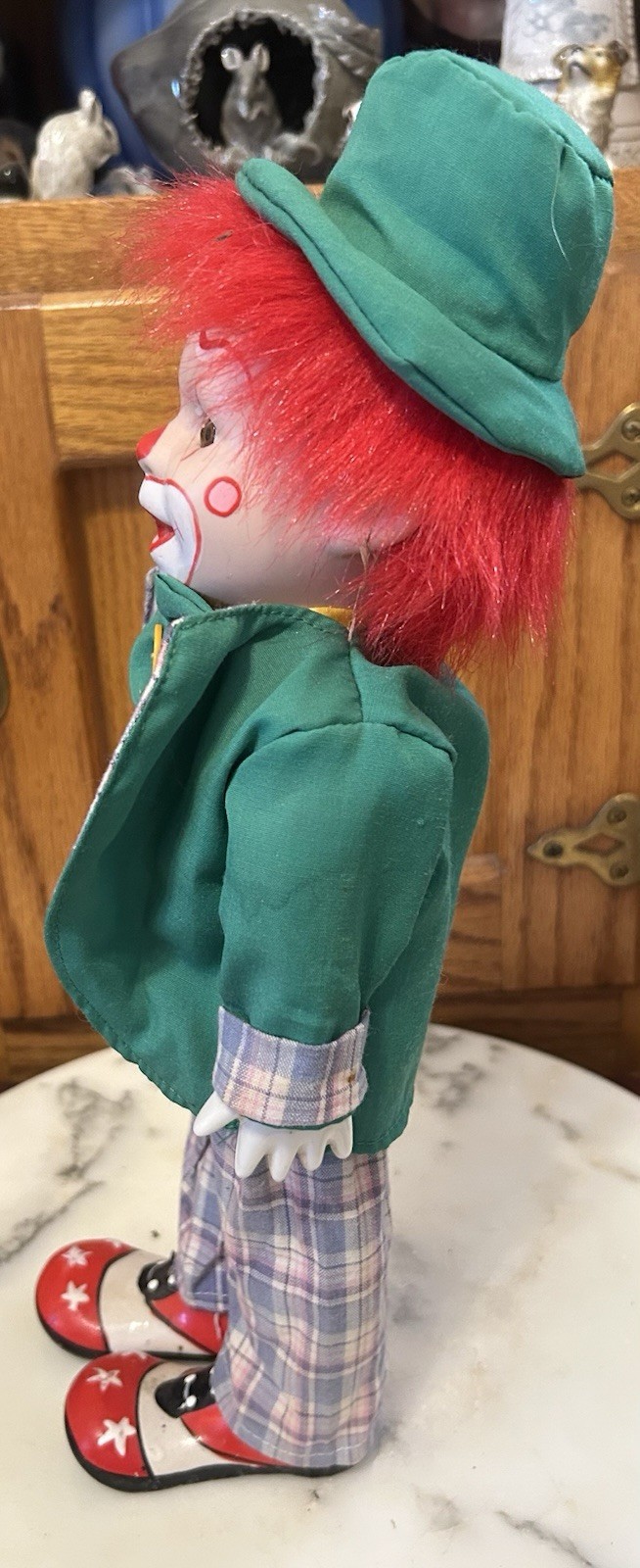 Vintage 14″ Porcelain Hobo Clown Figurine with Plaid Pants and Big Circus Shoes