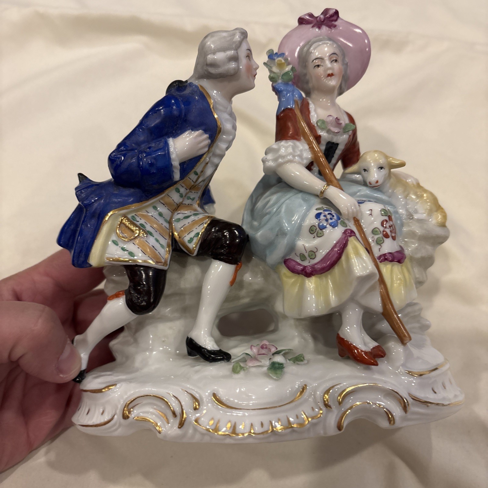 Antique Sitzendorf Porcelain Pastoral Couple Figure Figurine 7” Germany Lamb