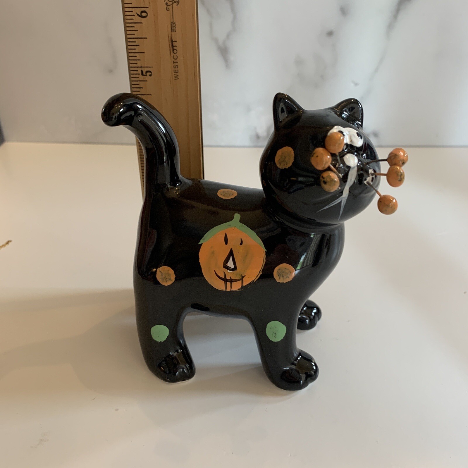 Black Cat Figurine Halloween Ceramic 5.5 Inches Figure Whimsical Jack-o-Lantern