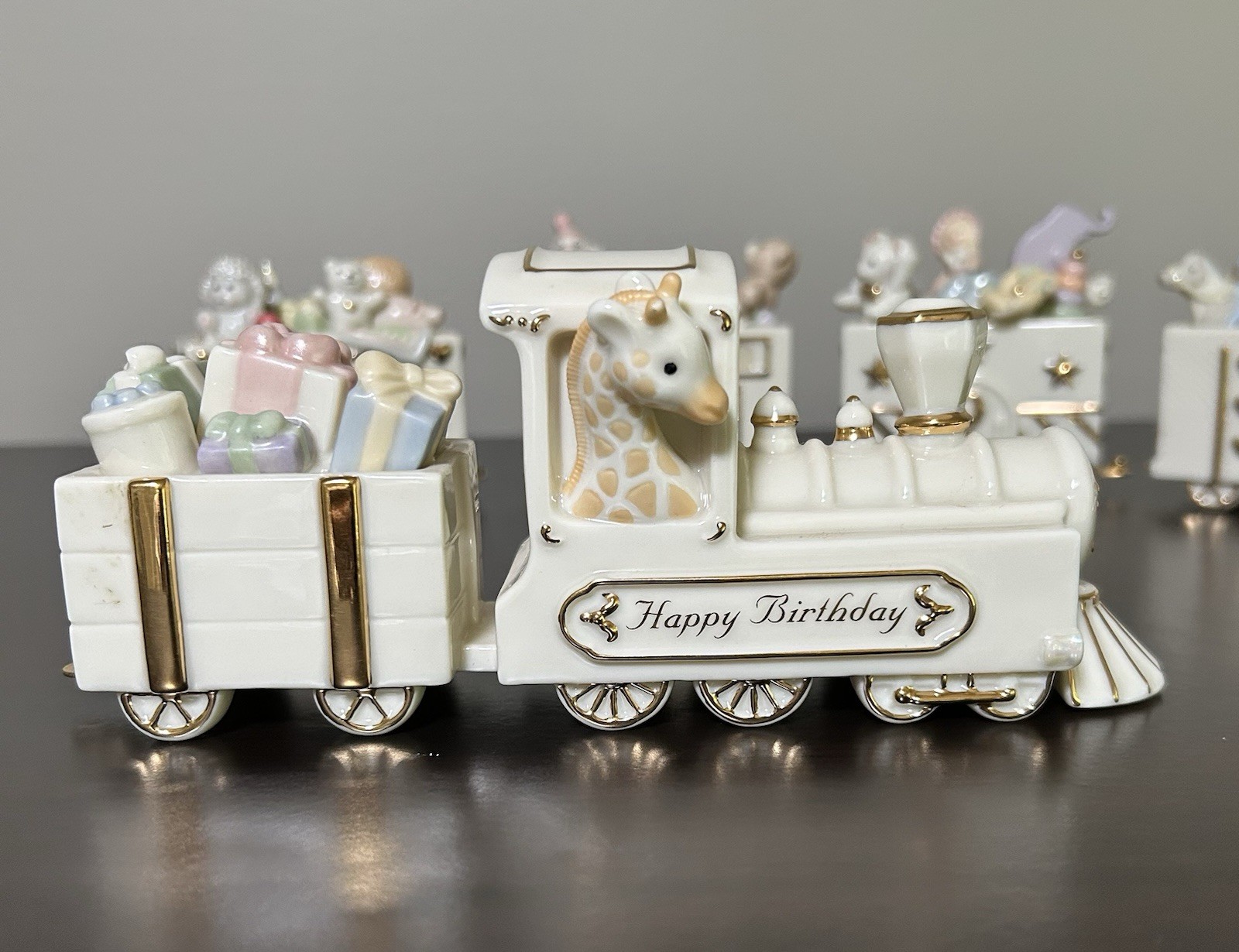 LENOX 7 pc Happy Birthday Express Train Ivory Fine China 24k Gold Hand Painted