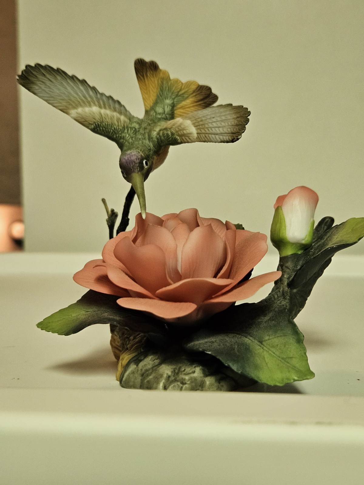 Andrea By Sadek Humming Bird and Pink Rose Porcelain Figurine