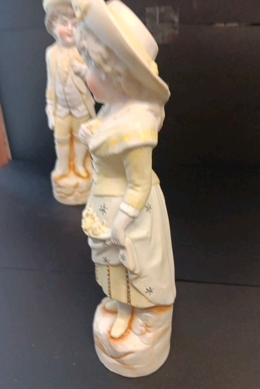 Antique Germany Bisque Porcelain Figurines Yellow 10.5 Inch High