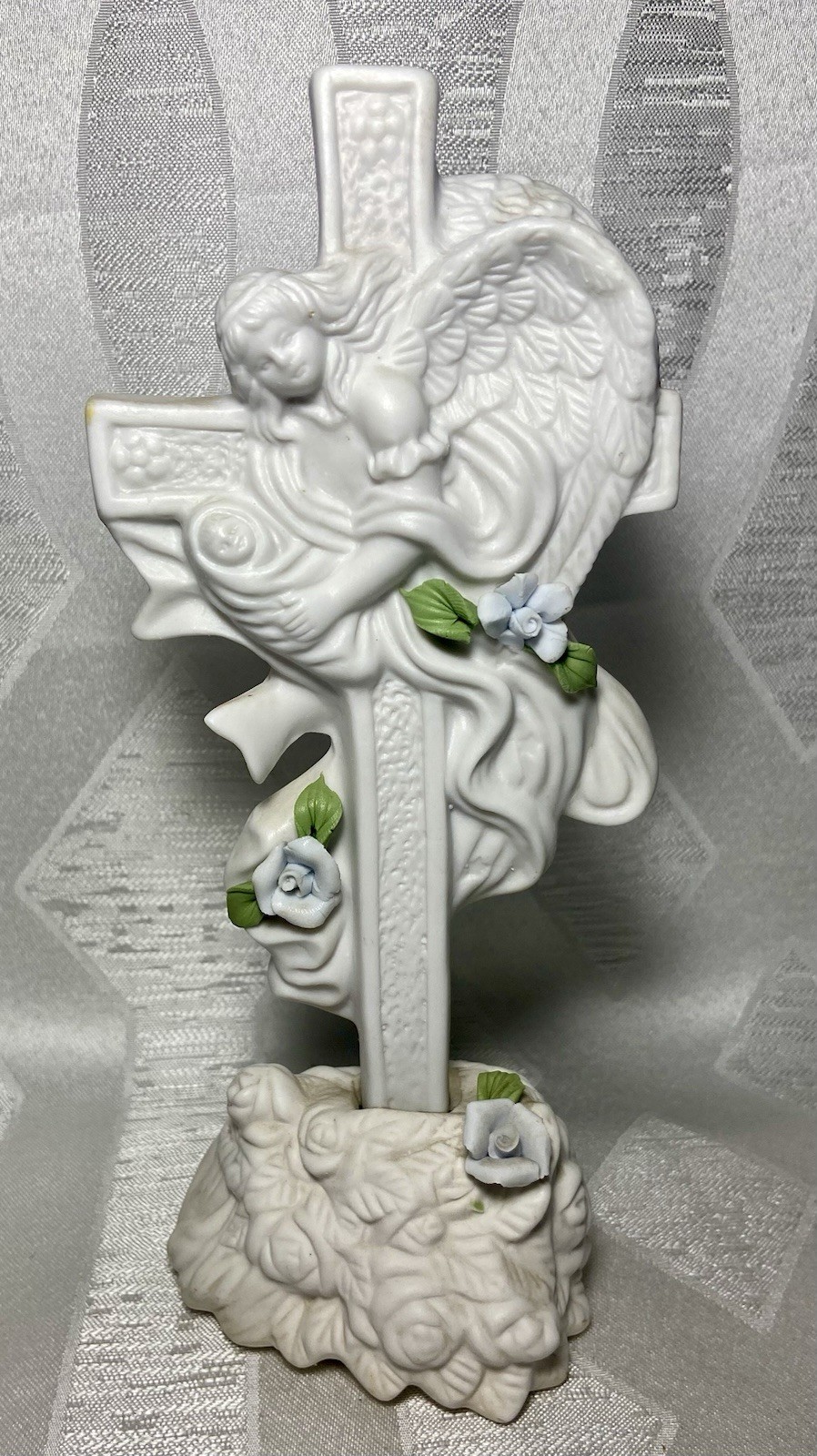 Vintage Ceramic Bisque Angel On Cross W/Baby Adorned With Blue Flowers Figure
