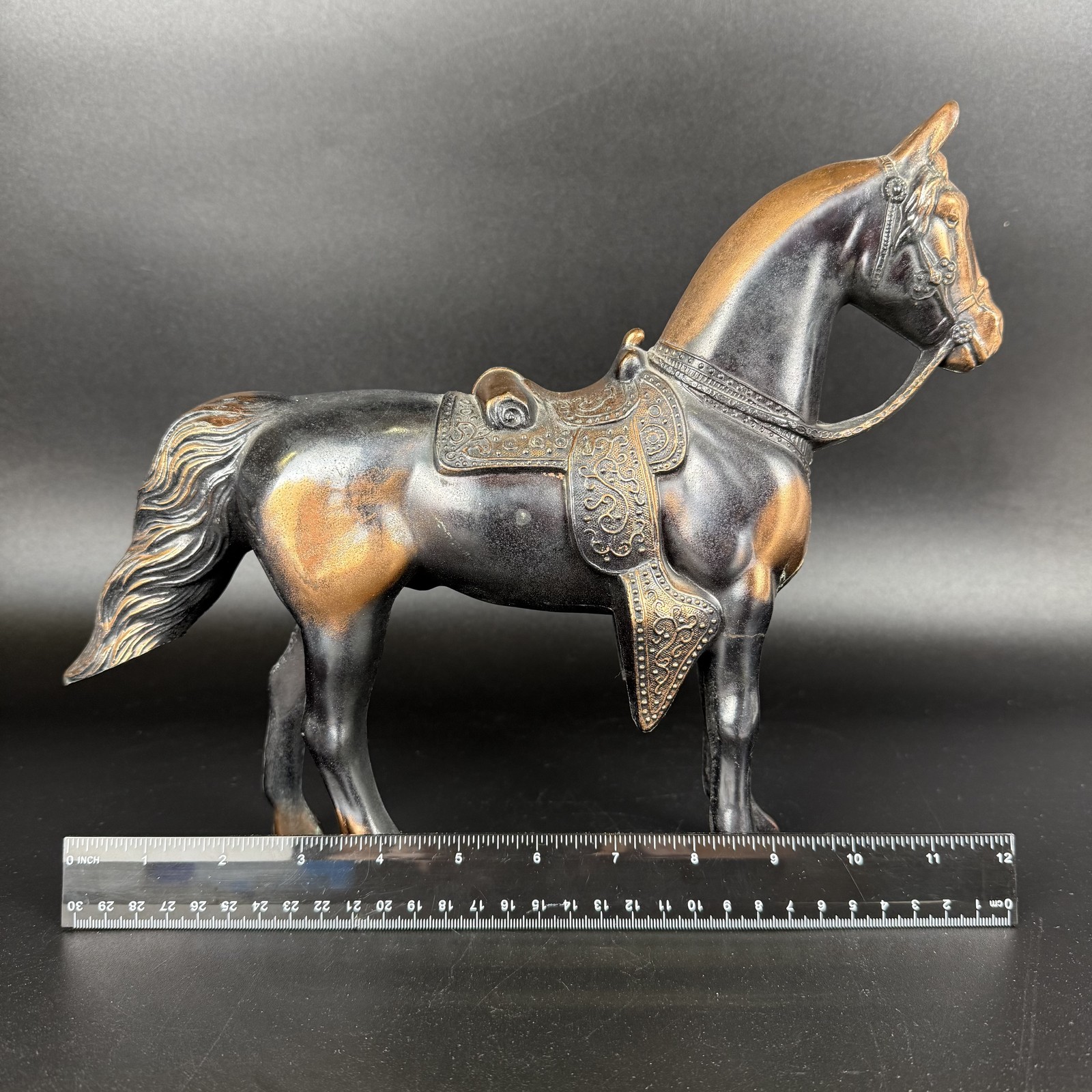 Vtg Cast Metal Copper Bronze Horse Stallion Saddle Figurine 10″ Tall