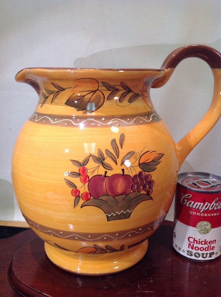 Vintage Autumn Harvest Large Ceramic Pitcher Hand Painted 11 Inches Tall