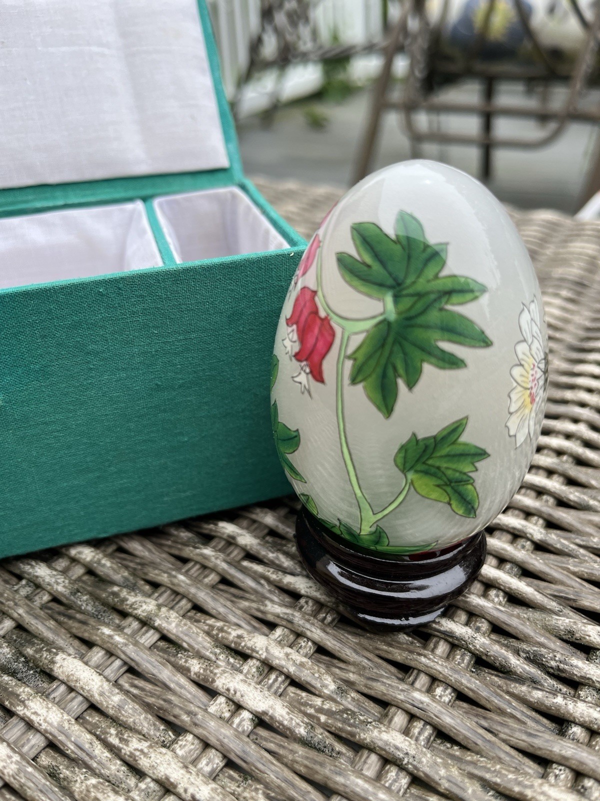 Nature’s Garden Asian Reverse Hand Painted Glass Egg Stand Bee And Flowers w/Box
