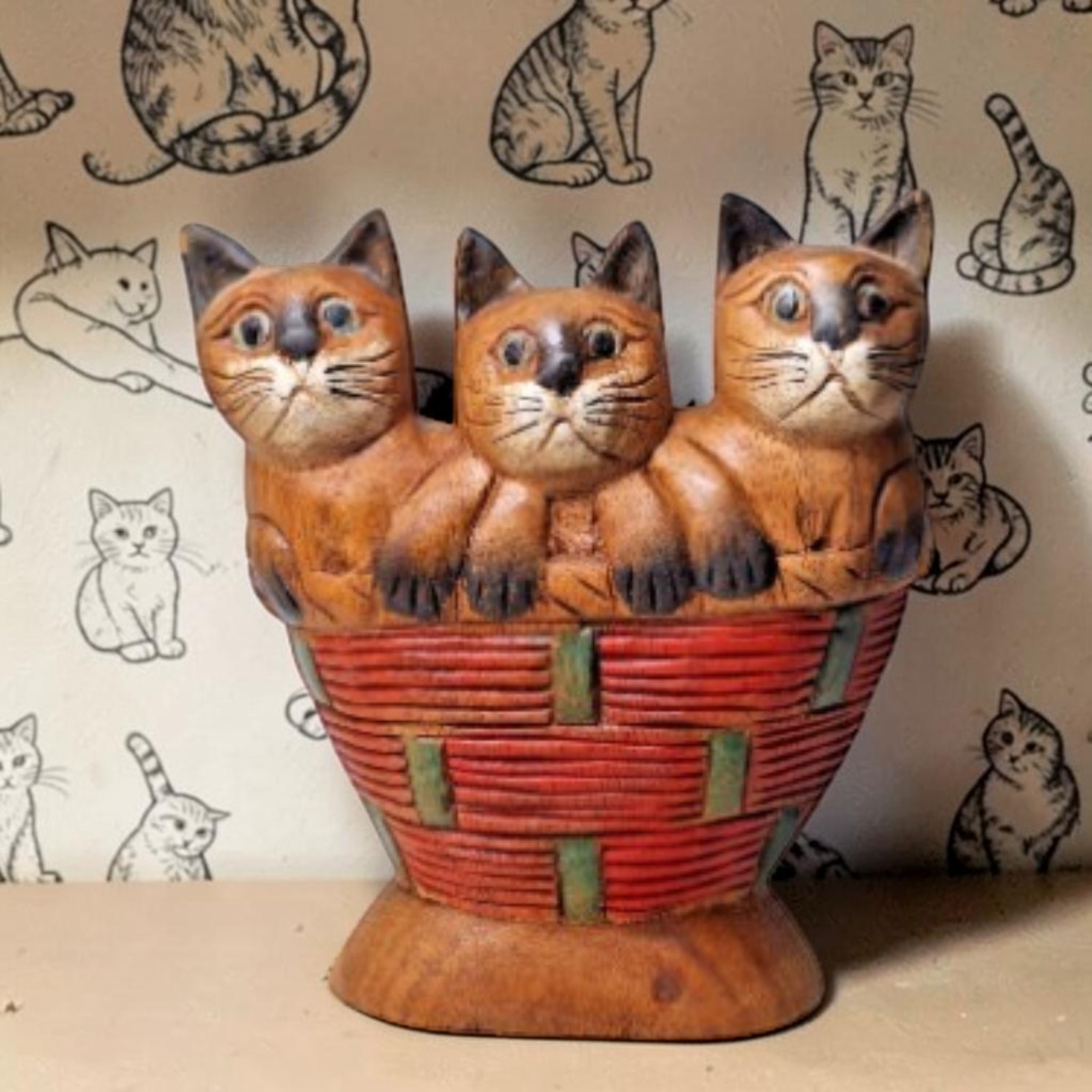 Hand Carved Wood 3 Kittens Cats In Basket Wall Plaque Hand Painted 9″