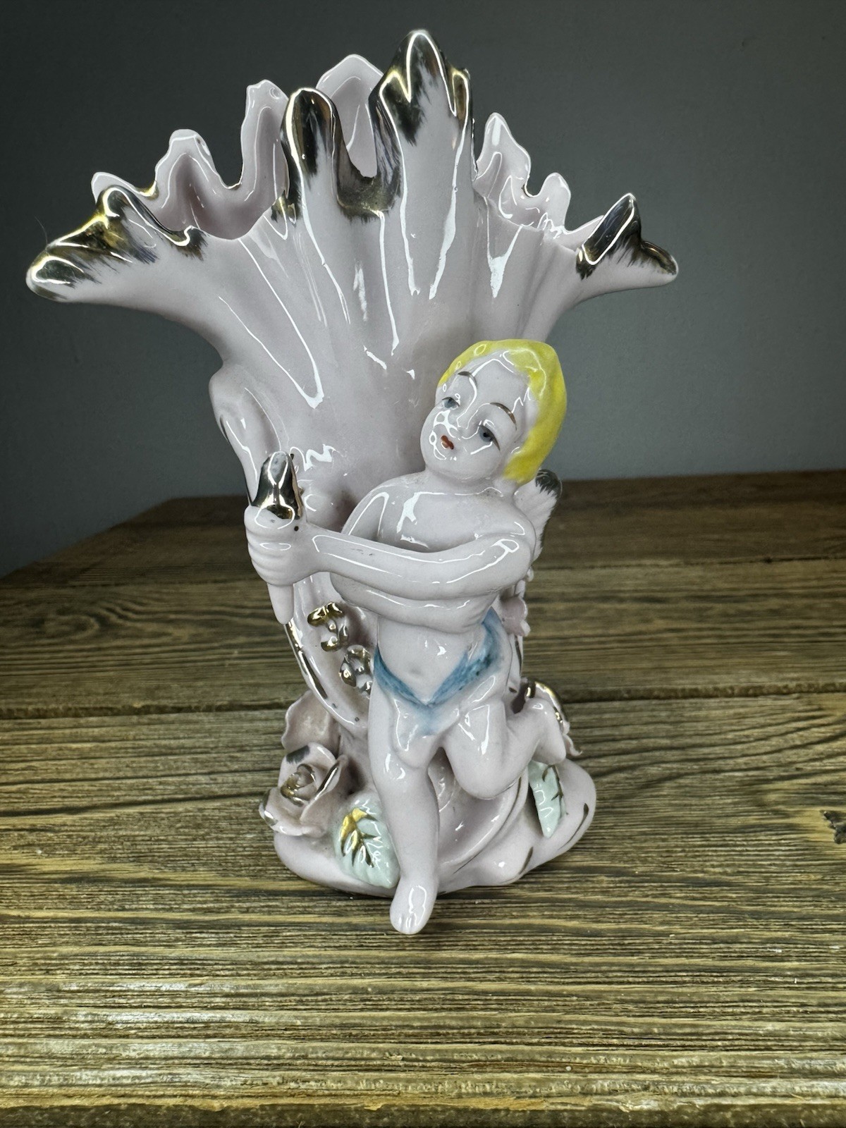 Vintage Porcelain Cherub Vase Ruffled Lustre Rim Silver Gold Angel Figurine