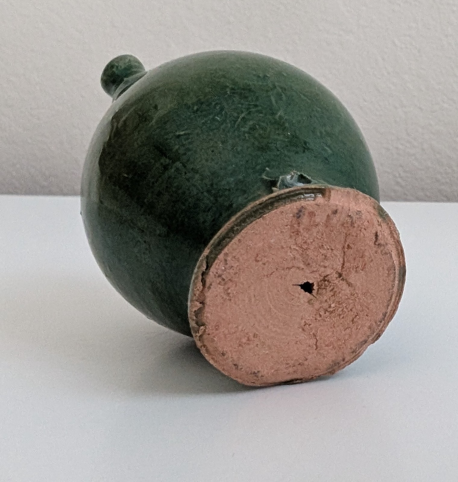 Vintage mini pottery jug vessel green glazed ceramic 3” Botijo Gargoulette