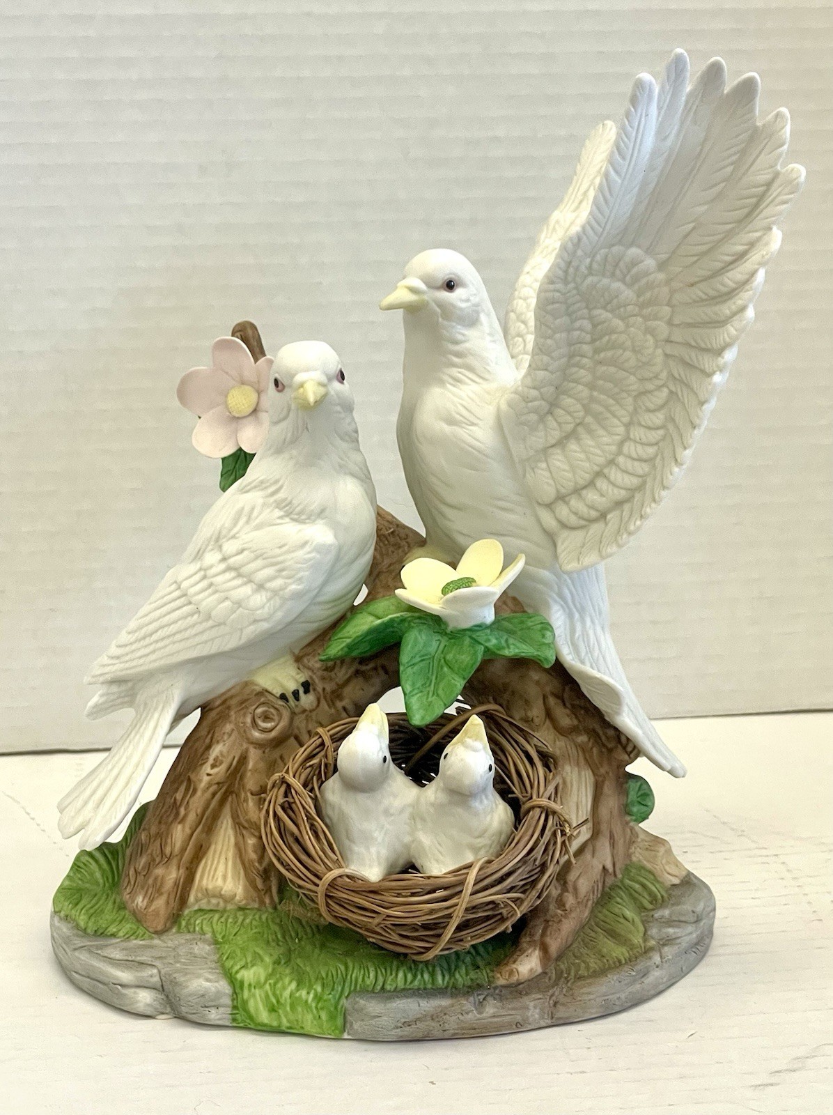 Doves with Baby Squabs Vintage Matte Porcelain Figurine Wellington Collection