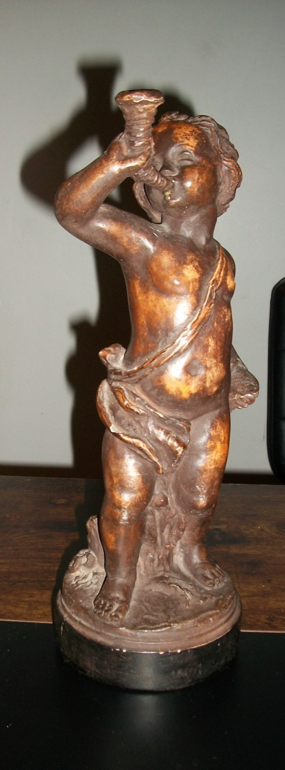 Vintage Bronze Chalkware Statue Boy With Horn 13 1/2″ x 5″ Unmarked