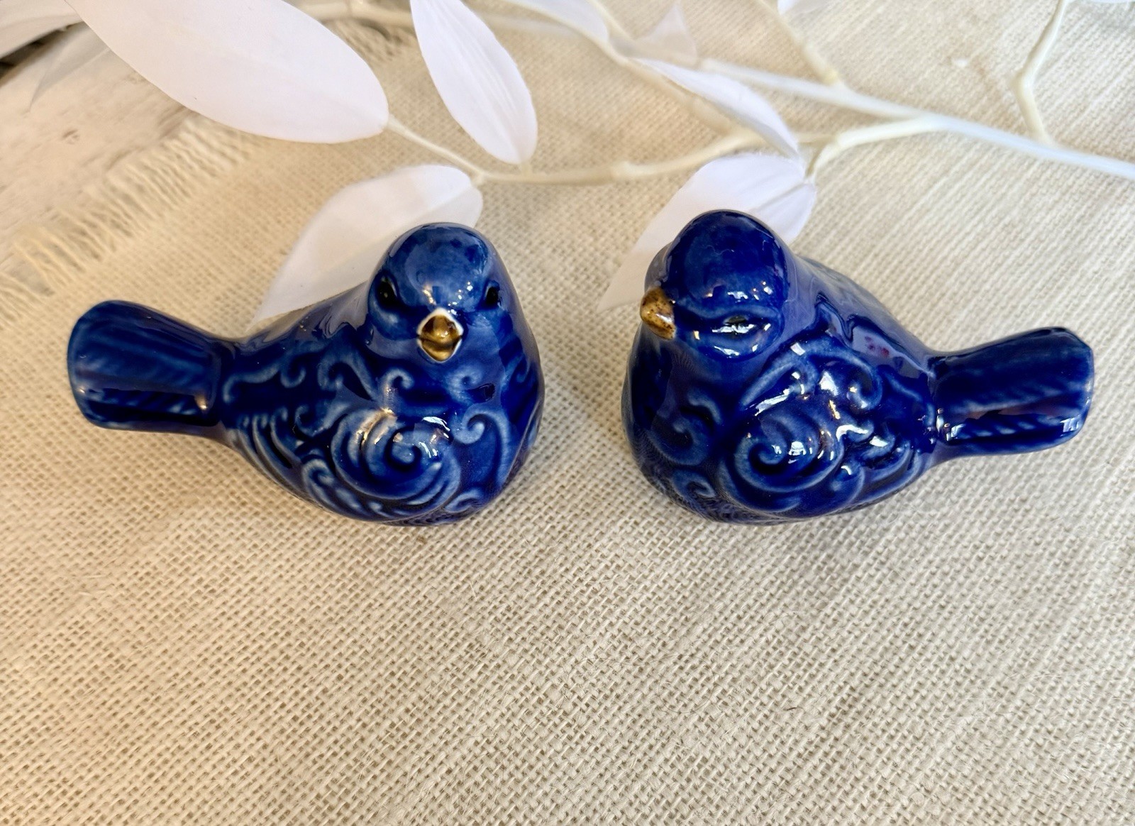 A Pair Of Blue Ceramic Bird Figurine Portugal Handmade Collectible 3.2″ Shelf