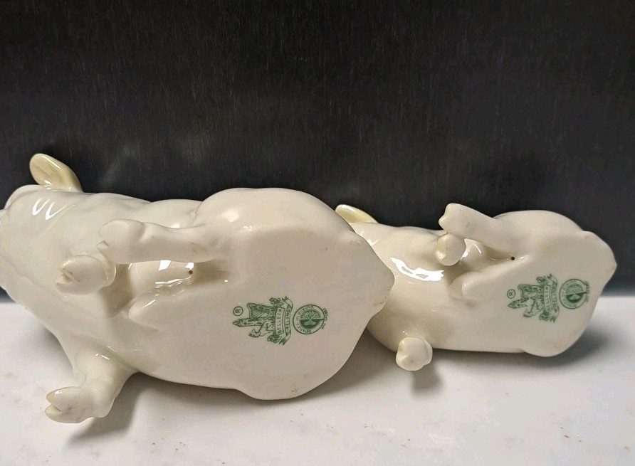 Vintage 2 Belleek Irish Porcelain Seated Pigs 1 Big & 1 Small Figurines