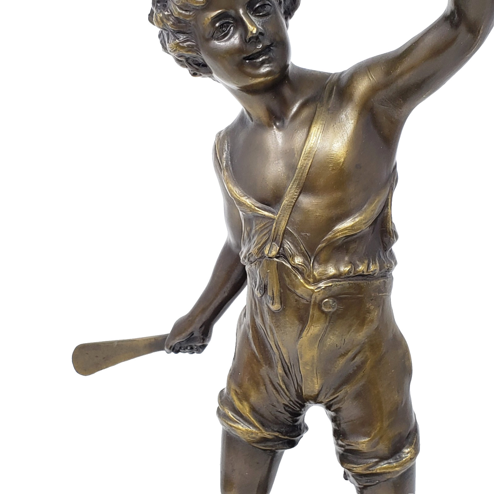 Antique Bronze Sculpture Cricket Boy Signed F. Iffland Art Nouveau 14.5″