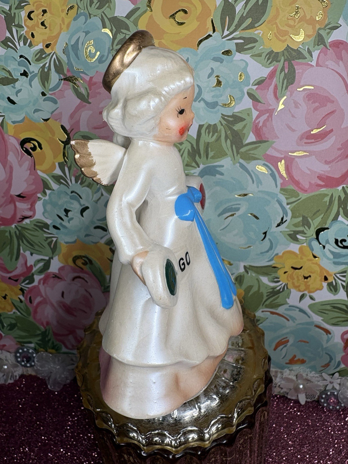 Vtg Yona Angel Girl Green & Red Stop & Go Watch Traffic Signals Figurine Japan