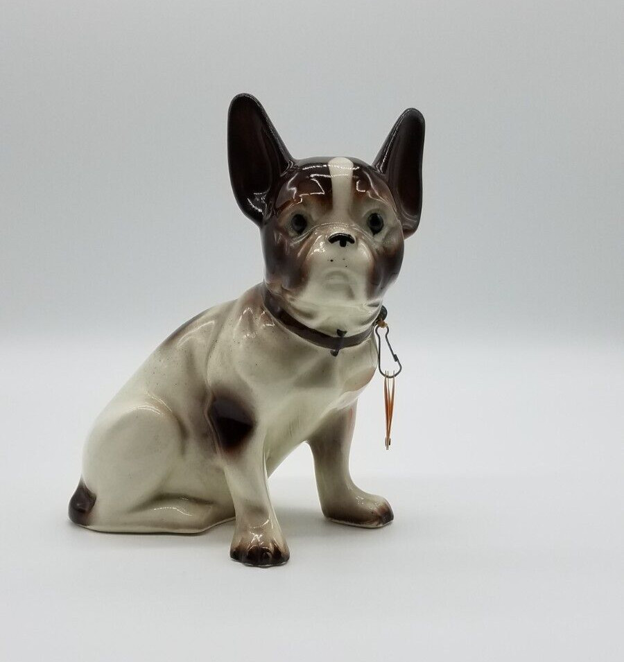 Vintage French Bulldog Figurine Ceramic Brown And White W/ Red Heart Locket