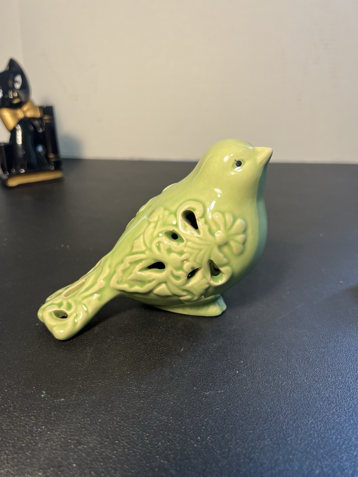 2 Green Ceramic Pierced Floral Bird Figurines, 5×5.5” REPAIRED