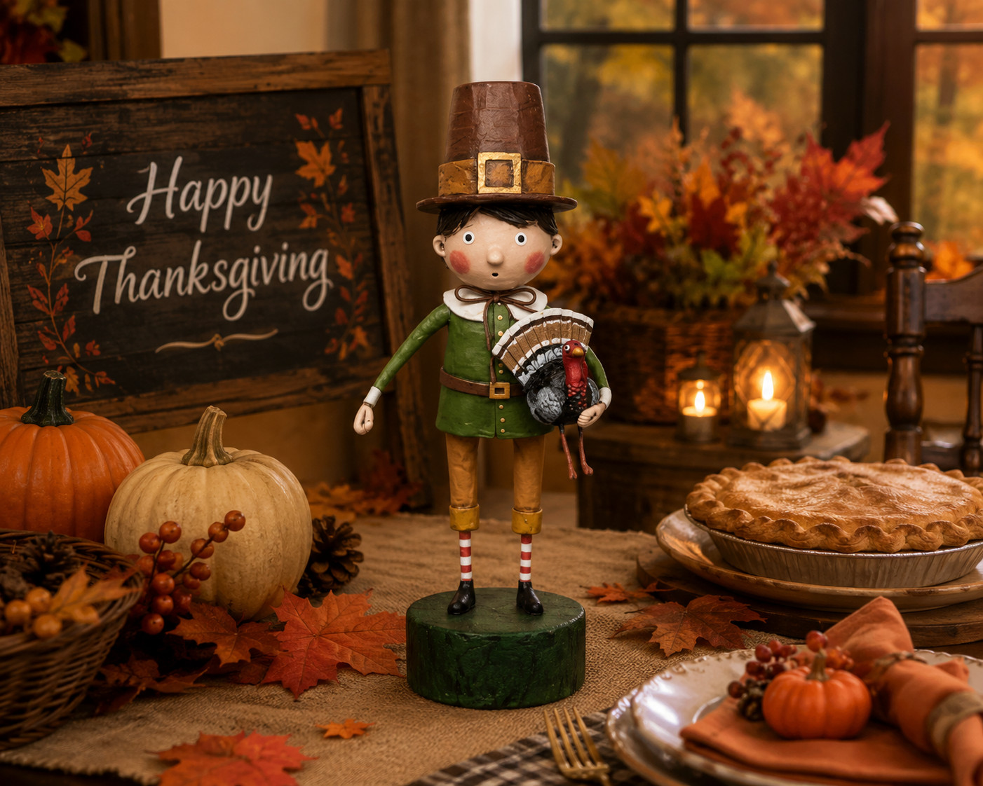 Lori Mitchell Palmer Pilgrim figurine Thanksgiving, Tiered tray Decor NEW 7″