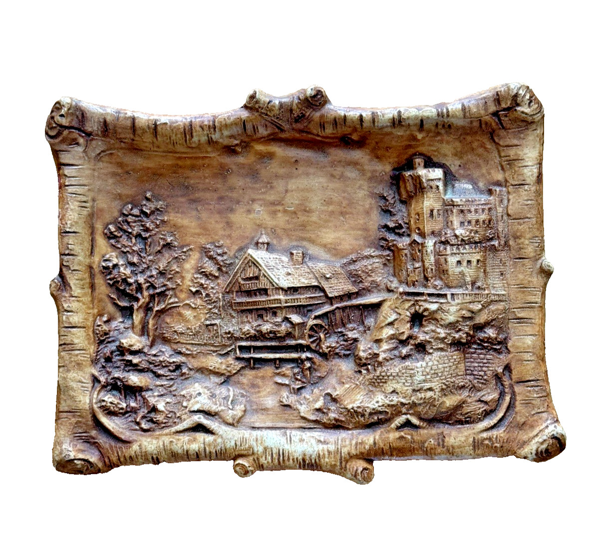 3D Chalkware Plaster Landscape Scene Wall Plaque with Rustic Bark Frame 10.5×7.5