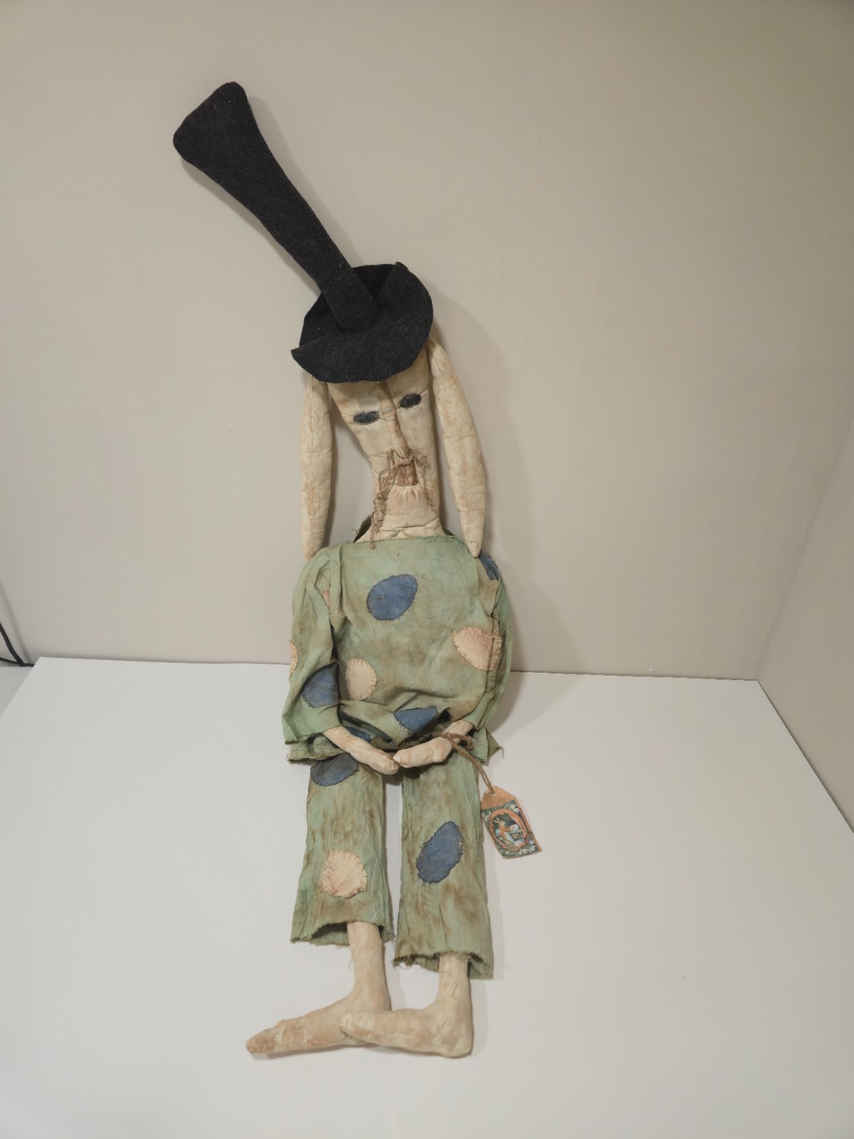 Large 50” Primitive Folk Art Cloth Doll Handmade Whimsical Tall Hat Rustic Decor