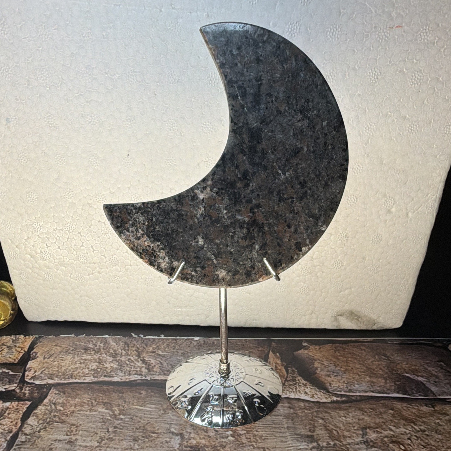 Crescent Moon Stone Figurine Sculpture on Metal Stand, Mottled Polished 3D