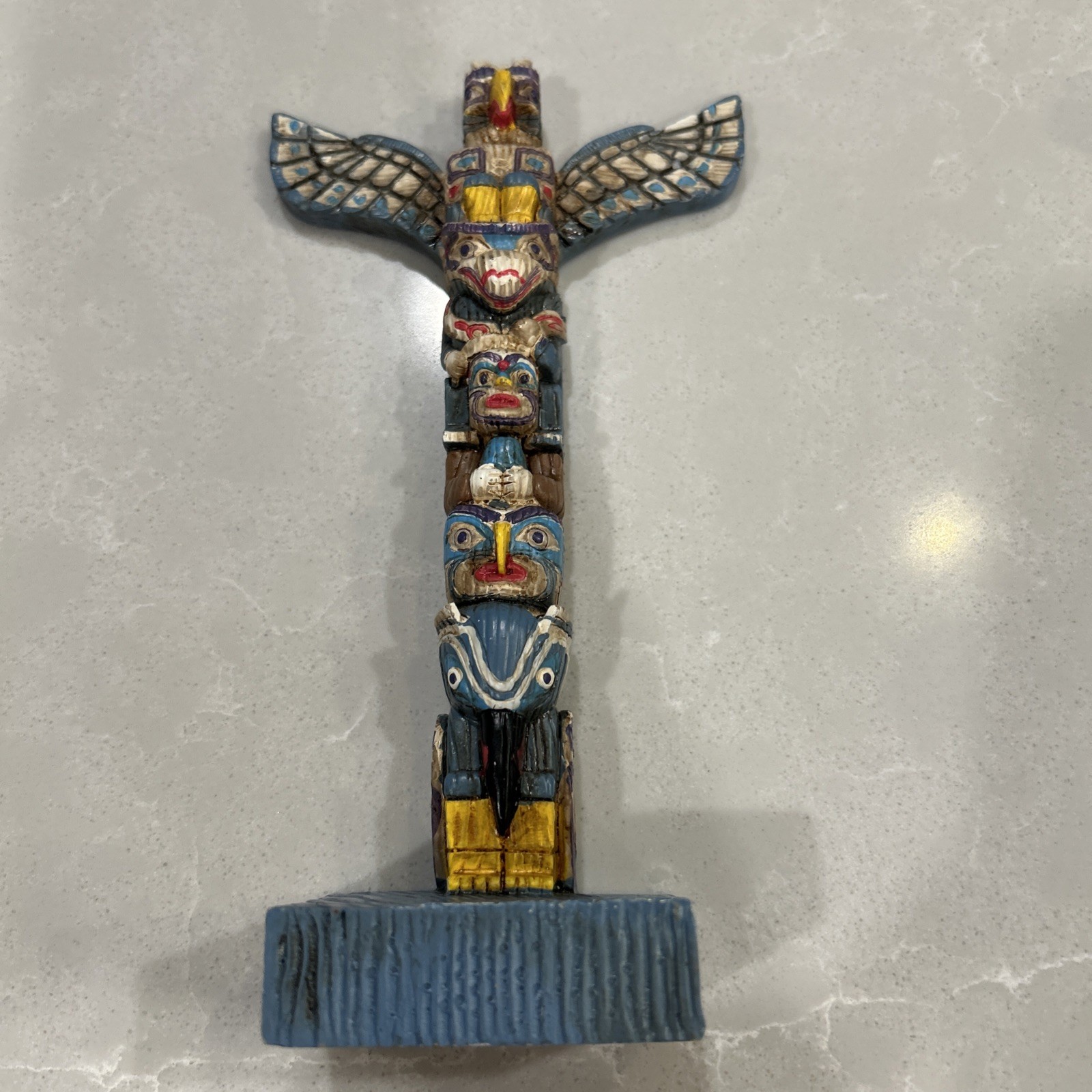 Native American Totem Pole Figurine Small, Painted Resin With Stylized Figures