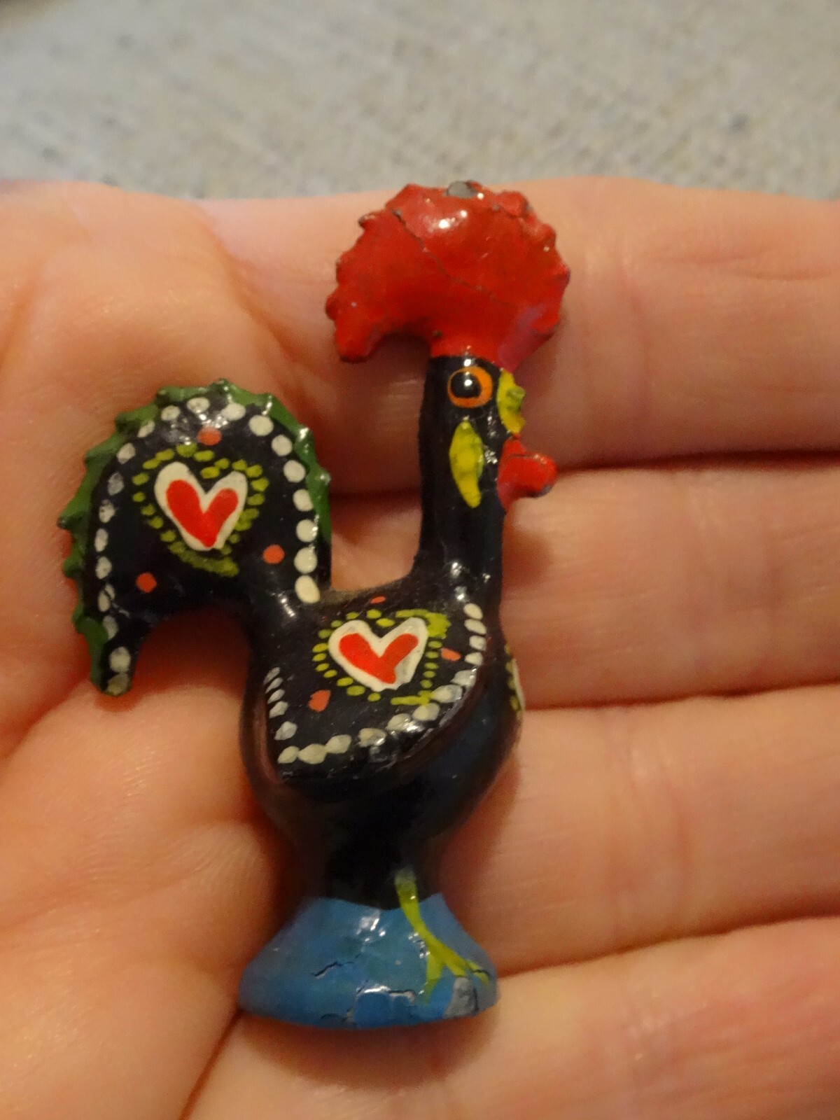 Antique ROOSTER Painted Black Colorful “Good Luck” Mini Pewter Figure Portugal