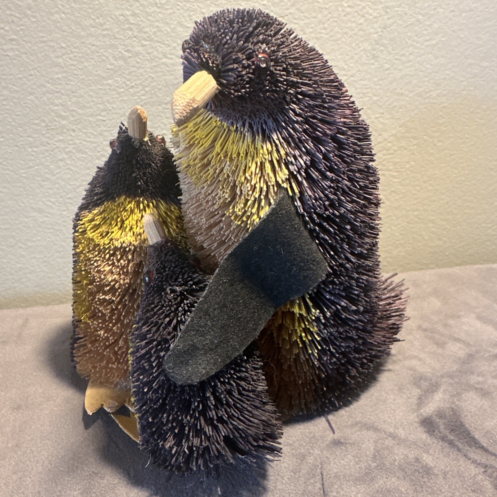 Bristle Brush Penguin Family With 3 Birds Figurine Winter Arctic Decor 5.5″ Tall