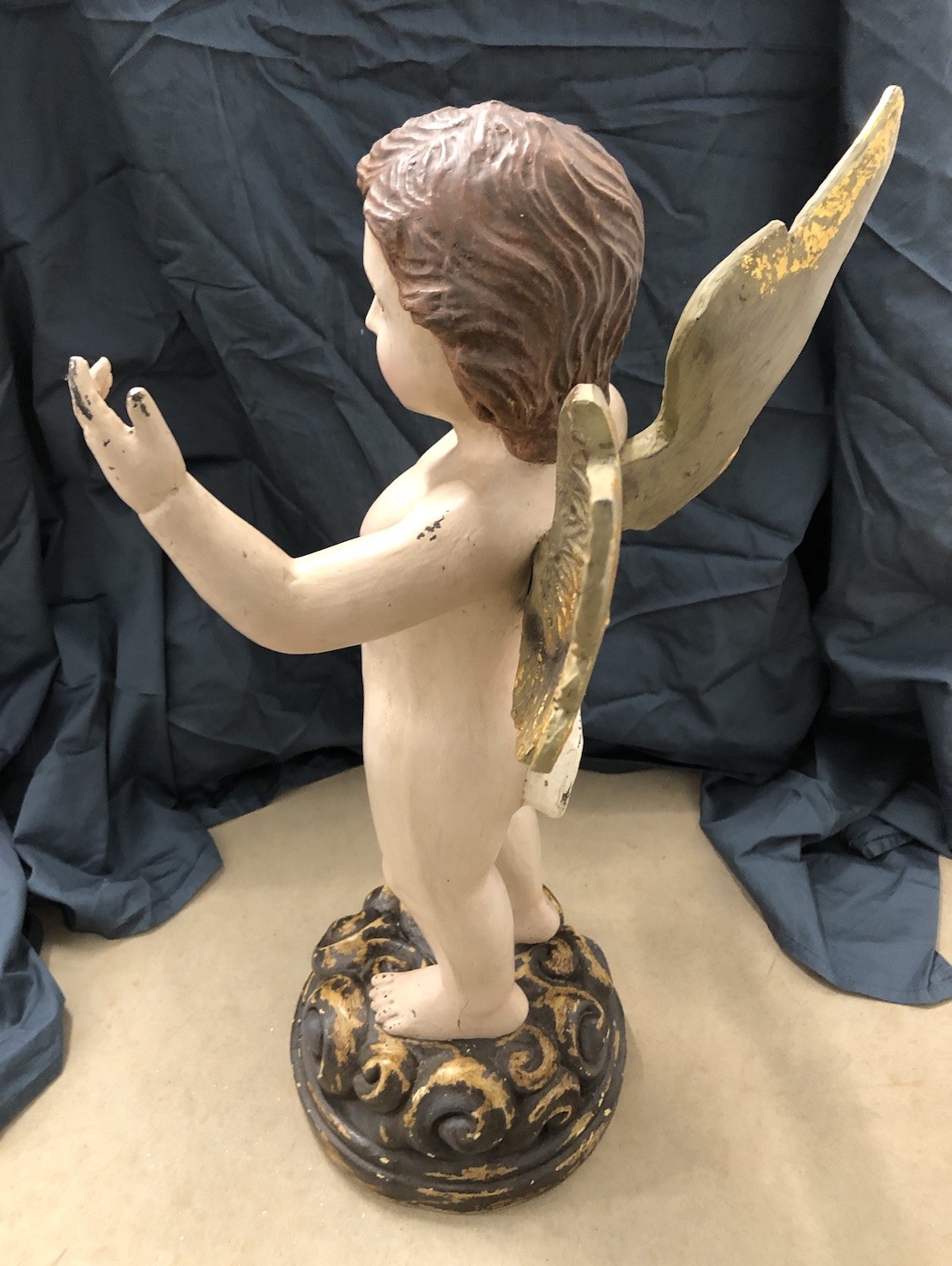 Large Vintage 28” Italian Cherub Putti Angel Composite Stands On Floral Base