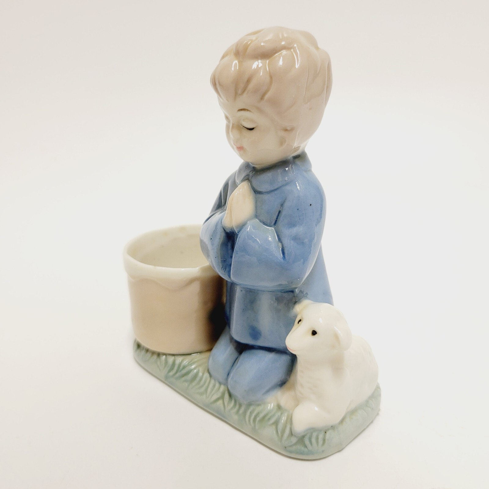 Praying Girl & Boy w/ Lamb Figurine Candle Toothpick Holder Set of 2 Vtg 1980s